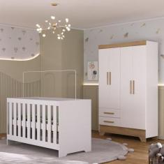 Quarto de Bebê com Guarda Roupa 4 Portas 2 Gavetas e Berço 3 em 1 Cata