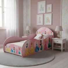 Cama Solteiro Princesas com Proteção Lateral Mdf - Rosa - GD MóVEIS