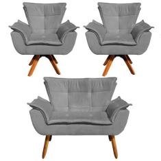 Kit Namoradeira e 2 Poltronas Base Giratória Madeira Opla Suede Grafit