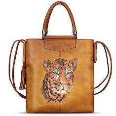 Bolsa feminina de couro genuíno pintada à mão com alça superior, bolsa tiracolo feita à mão, Padrão 2, Medium