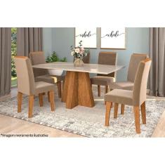 Mesa Cozinha Patricia c/ Tampo Madeirado c/ Vidro Canto Reto 160x80cm e 6 Cadeiras Taís Savana-Nature-Madeirado/Off White -Velud-Cimol