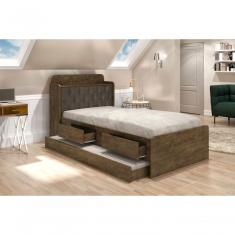 Cama Tamires Solteiro 0,88cm Com Auxiliar Castanho Com Capitonê Nogal - Cambel