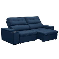 Sofá Retrátil E Reclinável 4 Lugares 250cm Zoho Porta Copos No Braço Veludo Azul G22 - Gran Belo
