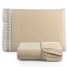 Jogo De Lençol Solteiro 2 Pçs Basic Percal 180 Fios Lese Bordado Inglês - Avelã