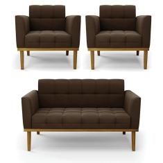 Namoradeira Com 2 Poltronas Base De Madeira Castanho Elisa Suede D03 - D\`rossi Cor Marrom