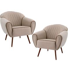 Kit 02 Poltronas Decorativas com Pés Palito Nina D02 Tressê Bege Rústico D-470 - Lyam Decor