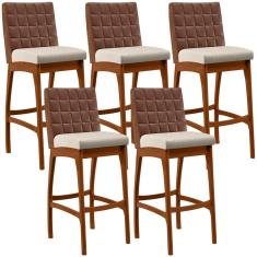 Kit 05 Banquetas Altas Cozinha Sala De Jantar Fixa Mila B04 Couríssimo Marrom Linho Cru - Lyam Decor