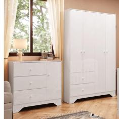 Quarto Infantil Cômoda 1 Porta 3 Gavetas e Guarda Roupa 4 Portas 2 Gavetas 100% MDF Cocada Branco Brilho