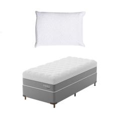 Cama Box Solteiro com Colchão Sublime Mola Ensacada e Espuma Viscoelástica (32x78x188) Cinza e Branco com Travesseiro Guldi Soft Nasa Branco