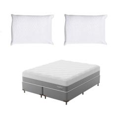 Cama Box Viúva com Colchão Sublime Mola Ensacada e Espuma Viscoelástica (32x128x188) Cinza e Branco com 2 Travesseiros Guldi Soft Nasa Branco
