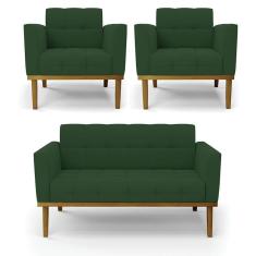 Sofá Namoradeira E 2 Poltronas Base Madeira Castanho Elisa Veludo D03 - D\`rossi Cor Verde