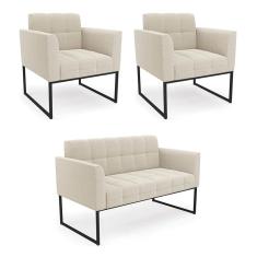 Sofá Namoradeira e 2 Poltronas Industrial Pto Elisa Bouclê Bege D03 - D`Rossi