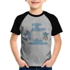 Camiseta Raglan Infantil Laptop - Foca na Moda, Cinza, Preto, 10