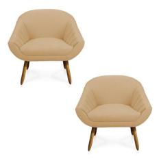 Kit 02 Poltronas Giovana Linho Pés Palito Castanho A27 Areia - DROSSI
