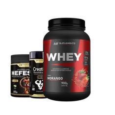 Whey Protein Morango 900G + Pré Treino Limonada + Creatina - HF Suplem