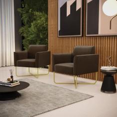 Kit 2 Poltronas Base X Industrial Dourado Marisa Suede Marrom - DRossi