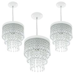 Kit 3 Lustre Pendente De Cristal Acrílico Manucrilic Branco - MARRYLUZ