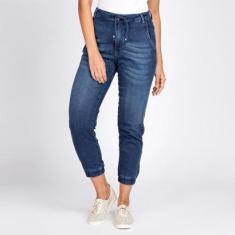 Calça Jogger Jeans Moletom Elástico Barra-Feminino