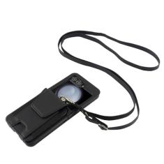 Para Samsung Galaxy Z Flip 5 4 3 Flip5 Flip4 Flip3 Capa de telefone crossbody com suporte para cartões de proteção de dobradiça capa de couro, preta, para Galaxy Z Flip3 5G
