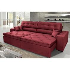 Sofá Austin 3,02m Retrátil, Reclinável Com Molas No Assento E Almofadas, Tecido Suede Vinho