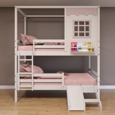 Beliche Casinha Reta Com Grade Removível E Escorregador Madeira Maciça Branco- Rosa Housin