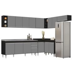 Armário De Cozinha Modulado De Canto 8 Peças Cp27 Com Pia Inox Preto-cinza - Lumil