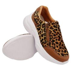 Tenis Chunky Feminino Estampa Onça sem Cadarço com Ziper e Sola Alta