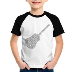Camiseta Raglan Infantil Violão Notas Musicais - Foca na Moda, Branco,