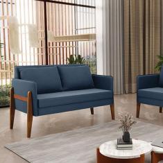 Sofá 2 Lugares Namoradeira Lana Suede Azul Marinho Base Madeira D03 - 