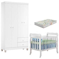 Berço Americano Lila Com Colchão Gazin E Guarda Roupa Ternura Baby 4 Portas Branco Flex - Incorplac