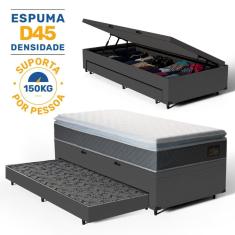 Cama Box Baú com Colchão de Espuma D45 Pillow Top Fort Comfort + Auxiliar Unique Solteiro 88cm