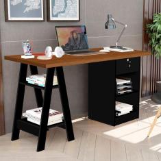 Escrivaninha Cavalete 2 Prateleira 2 Nichos 1 Gaveta com Chave Bali Carmolar Preto/Canela