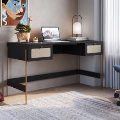 Escrivaninha 2 Gavetas 139cm Palhinha Pé Metal Oslo Nero/Dourado