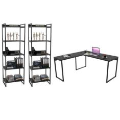 Conjunto Escritório Estilo Industrial Mesa 150x150cm e 2 Estantes 60cm