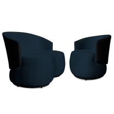 Conjunto Sofá Namoradeira com Poltrona Lara Veludo Azul Marinho/PU Preto - Montanaris Decor