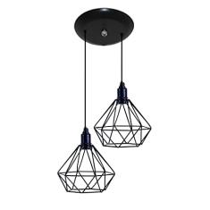 Luminária Pendente Aramado Modelo Diamante Duplo - 02 Juntos na mesma Canopla (Preto)