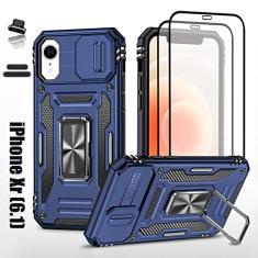 LMDAMZ Capa resistente para Apple iPhone Xr/10R, camada dupla híbrida de camada militar, protetor de amortecedor de borracha com protetor de câmera deslizante, suporte giratório de 360 graus integrado