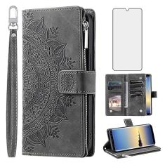 Asuwish Capa de telefone para Samsung Galaxy Note 8 capa carteira com protetor de tela de vidro temperado e alça de pulso mandala flor flip zíper suporte para cartão celular Note8 Not S8 Gaxaly