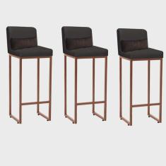 Kit 03 Banqueta Alta com Encosto Lucca Industrial Cozinha Balcão Ferro Bronze Suede Cinza e Almofada Marrom - Ahazzo Móveis