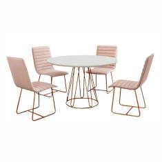 Conjunto Sala De Jantar Rubi Off White Com 4 Cadeiras Estrutura Metal Cobre