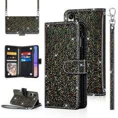 Furiet Capa carteira de bolinhas para Samsung Galaxy A05 com alça de pulso alça de ombro com zíper bolsa flip com glitter brilhante suporte para cartão de crédito acessórios capa de celular para Ao5 A