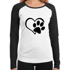 Baby Look Raglan Coração Patinha Manga Longa - Foca na Moda, Branco, P