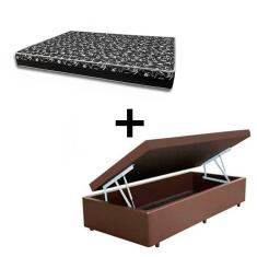 Cama Box Baú Solteiro 88 - Tecido Sintético Marrom com Colchão Belize Bello Box - D33 Preto 58x88x188