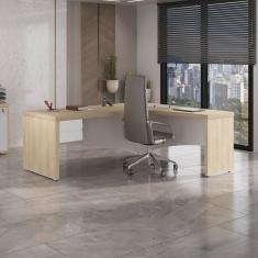 Mesa Diretor para Escritório em L e Tamburato com Gaveteiro Suspenso Organizador