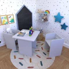 Conjunto Infantil com 1 Mesa e 2 Banquetas Cinza Cristal