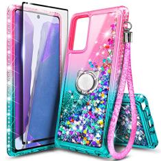 NZND Capa para Samsung Galaxy A03S com protetor de tela de vidro temperado (cobertura máxima), suporte de anel/alça de pulso, glitter líquido flutuante cachoeira meninas mulheres crianças linda capa