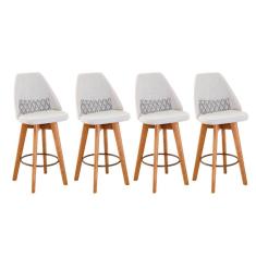 Kit 04 Banquetas Alta Maya Giratória Com Encosto Linho Bege Claro e Almofada Zigzag - Aurora Line