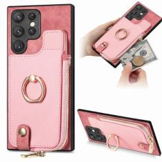 Capa de couro com suporte de anel de carteira para cartões com zíper para Samsung Galaxy A54 A34 A14 A53 A12 A23 5G S23 Ultra S22 S21 Plus Capa de bolsa, rosa, para Galaxy A05