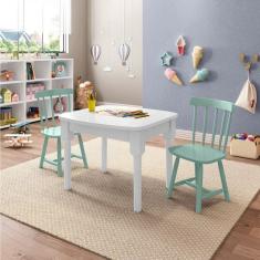 Mesa Infantil com 2 cadeiras Mariah Madeira Maciça e Laca Casatema Branco/Menta
