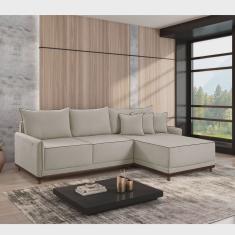 Sofá Linho 3 Lugares 264cm com Chaise Lado Direito e Kit Usb Barra